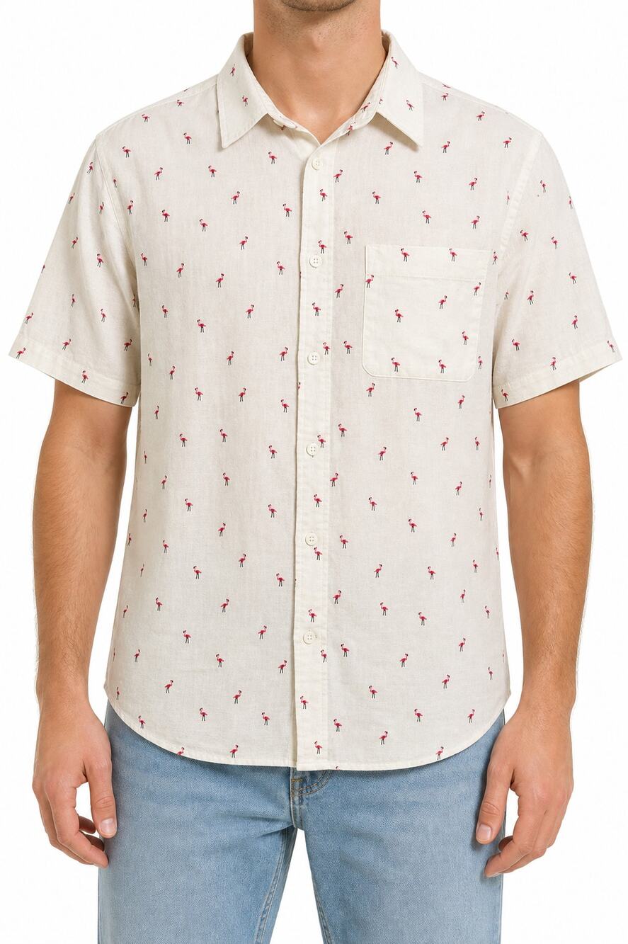 H&M L.O.G.G. Men Flamingo Linen Cotton Button Short Sleeve Shirt M Vacation Y2K